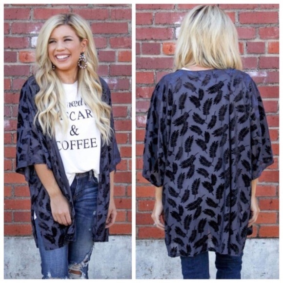 Navy Velvet Feather Boho‎ Kimono - Picture 2 of 5